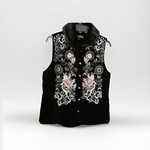 Harvé Benard‎ Black Velvet Floral Embroidered Vest w Faux Fur Collar Sz 10